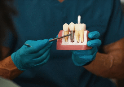 Yerli implant iyi midir? sorusuna yanıt olarak, çene modelinde implant diş uygulamasını gösteren diş hekimi görseli.