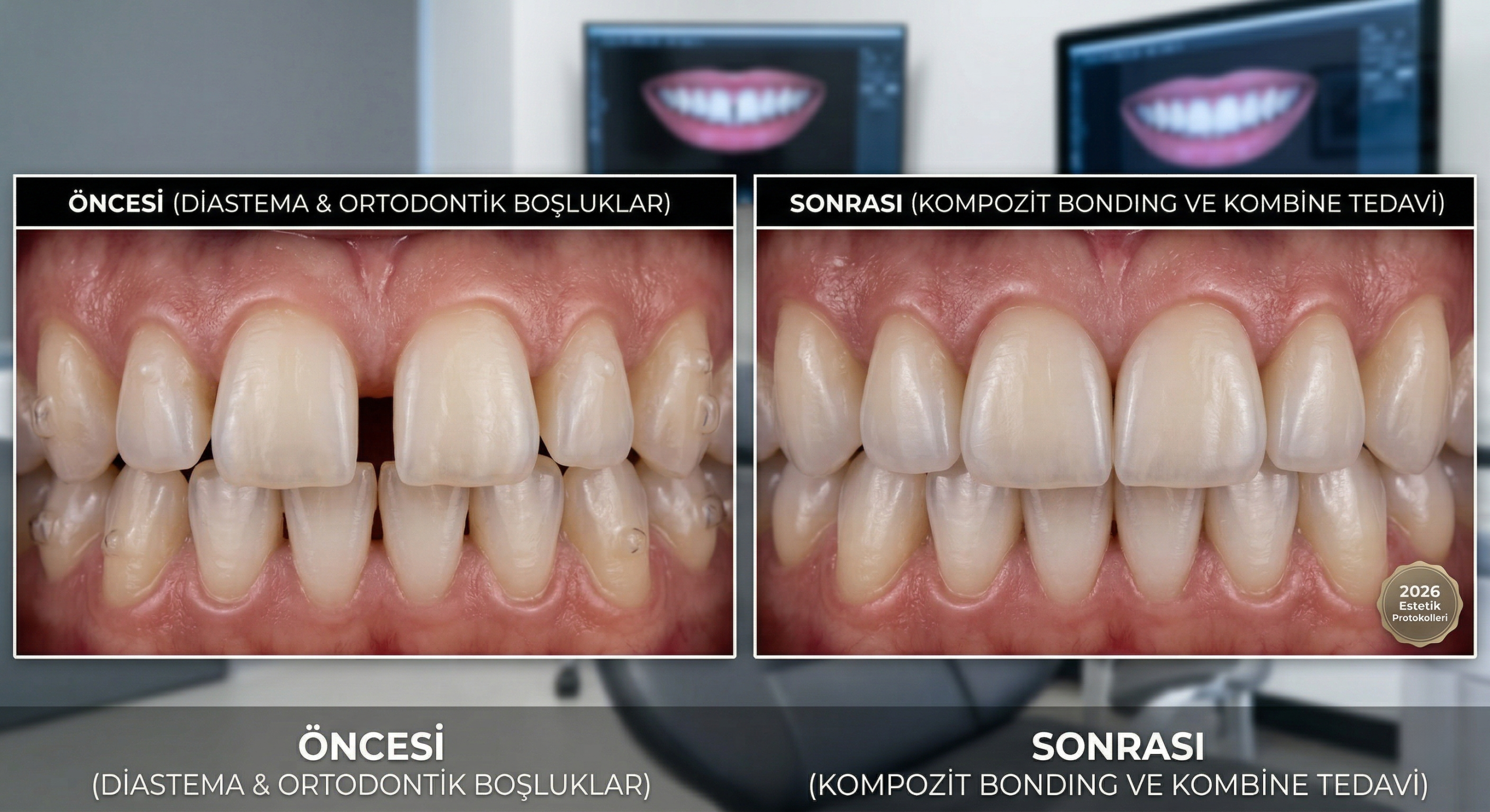 Kompozit Bonding ile Diastema Kapatma. Kombine tedavi öncesi-sonrası: ortodonti ve bonding uygulanmış vaka